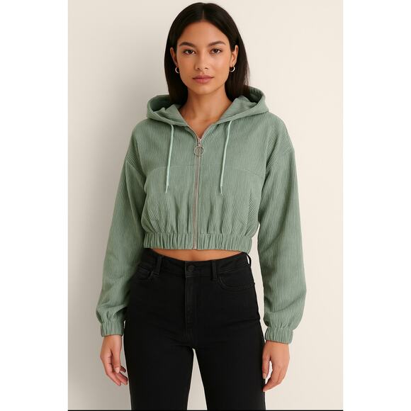 Shein Sage Green Cropped Corduroy Hoodie Jacket Zip Up Women’s Size Small - Picture 2 of 8